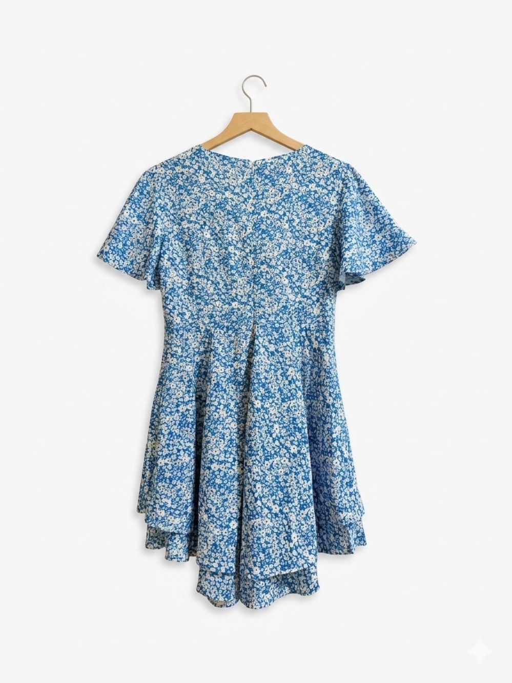 Hao Meili Blue Floral Ruffle Mini Swing Skater Dresses - Picture 7 of 9
